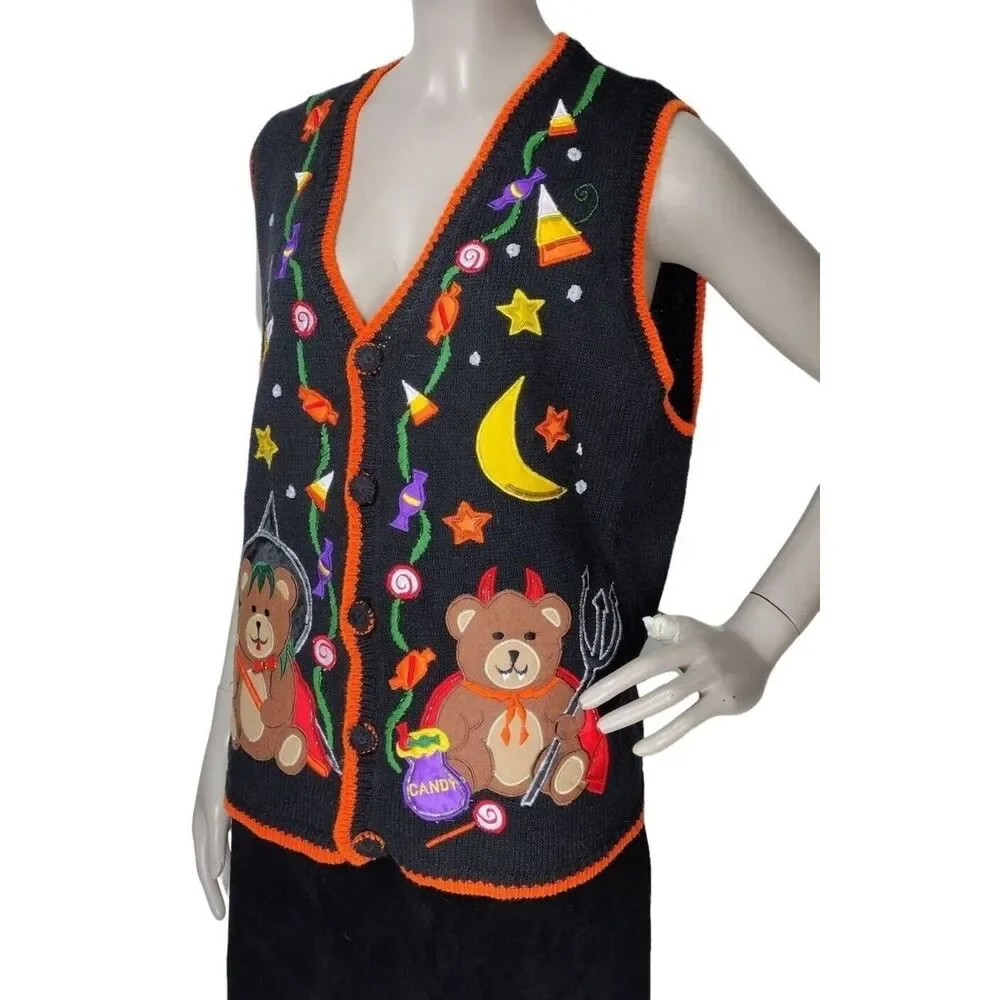 Vintage Halloween Devil Witch Star Moon Candy Corn Knit Holiday Grandma Vest NEW